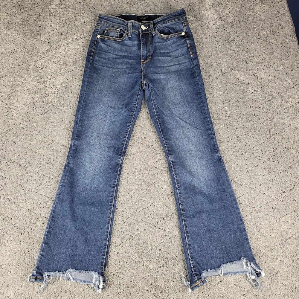 Judy Blue Jeans Womens 5/27 Blue Cropped Boot Distressed Bootcut Raw Hem Stretch